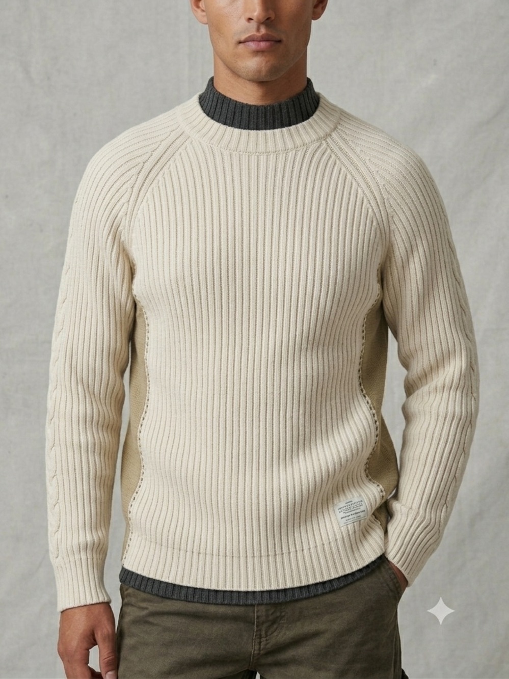 Guess Men’s Type 2-81 Cream Ribbed Knit Sweater with Khaki Side Panels Size L